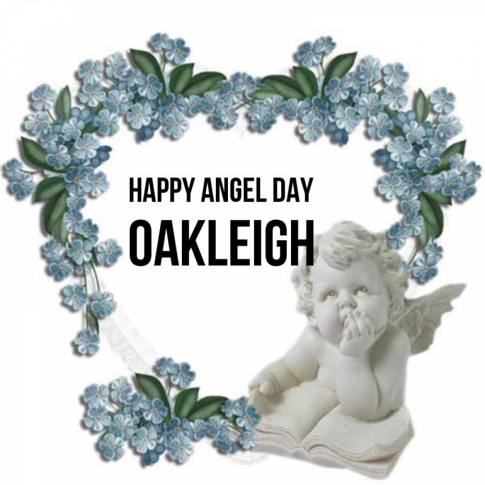 Greetings card с именем, Oakleigh happy angel day голубые цветы и мраморный ангел Greetings with text for free download 