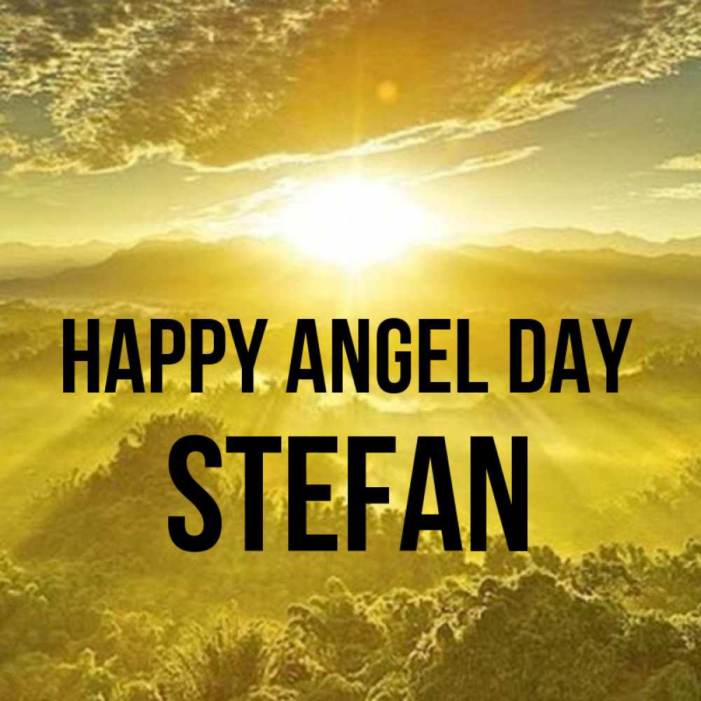 Greetings card с именем, Stefan happy angel day леса и небо в желтом Greetings with text for free download 