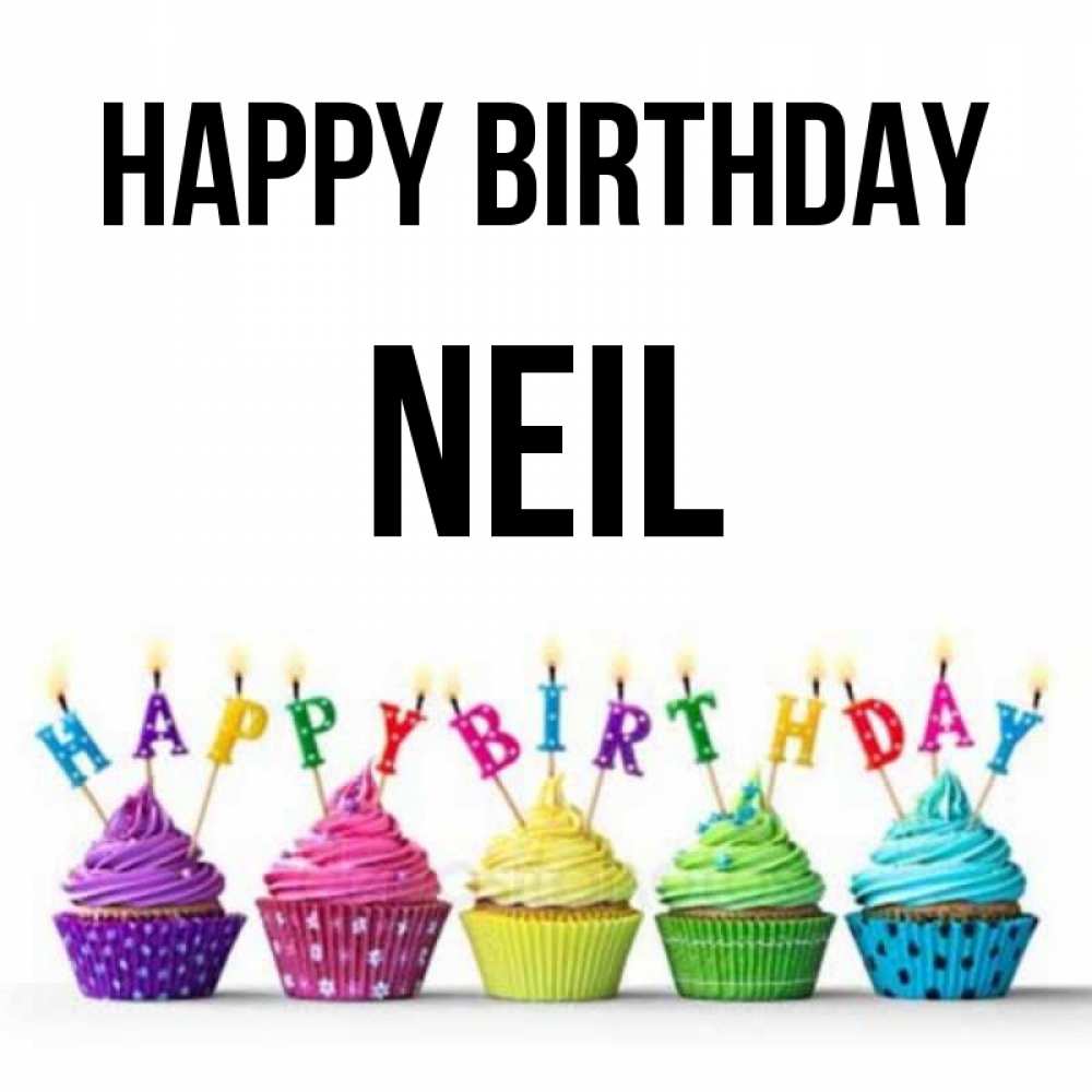 Greetings card с именем, Neil Happy Birthday открытка ко дню рождения с разноцветными вкусняшками Greetings with text for free download 