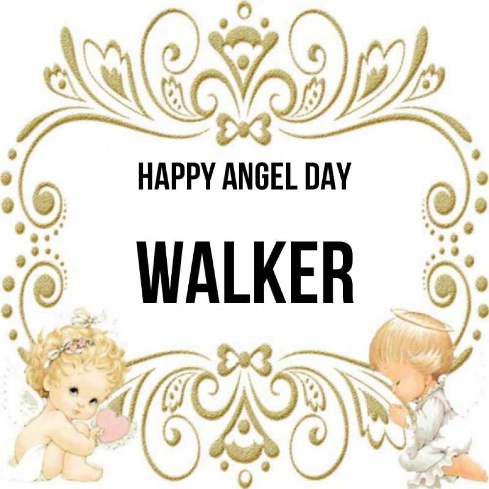 Greetings card с именем, Walker happy angel day с именинами поздравляют два красивых ангела. Один с сердечком другой молится Greetings with text for free download 