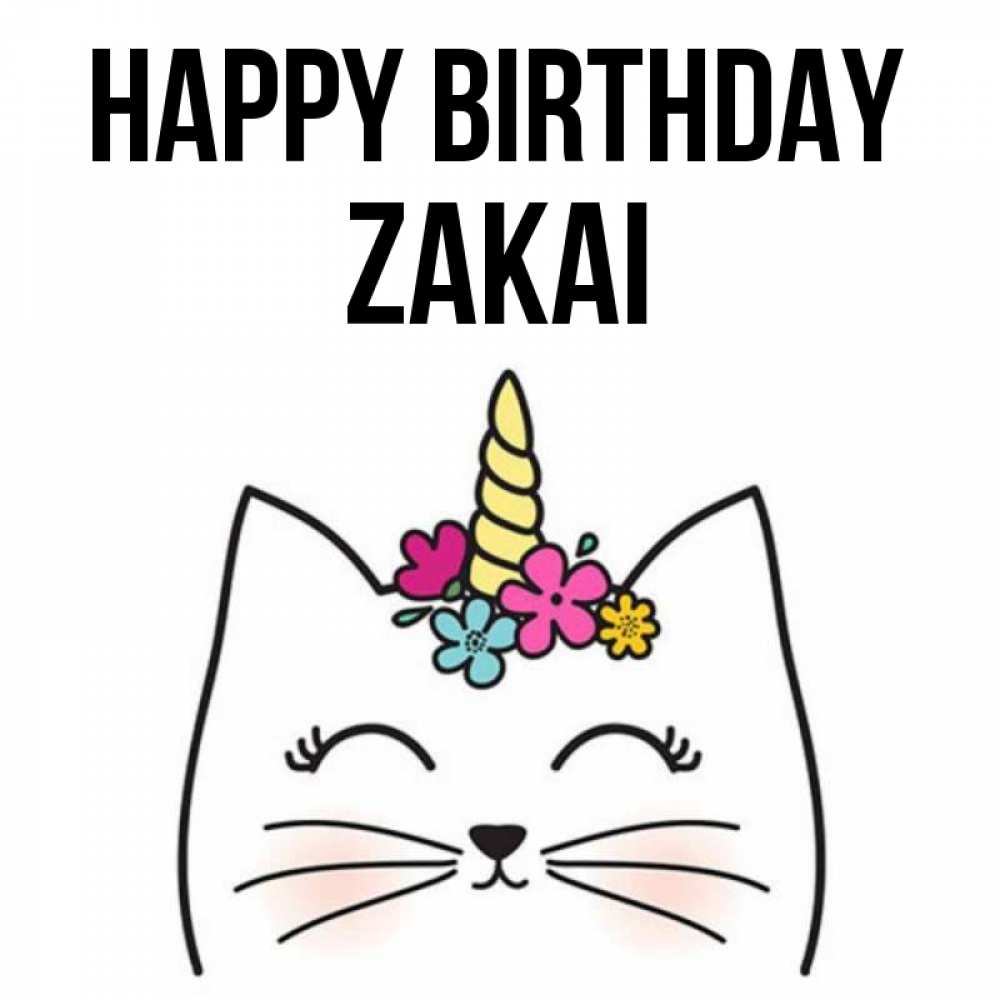Greetings card с именем, Zakai Happy Birthday милый кот с одним рожком Greetings with text for free download 