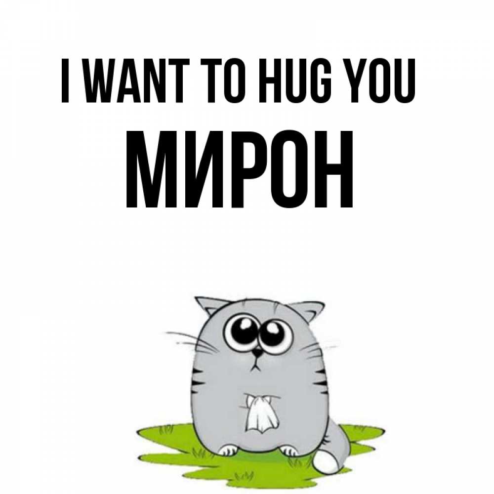 Greetings card с именем, МИРОН I want to hug you котик теребит платочек сидя на травке Greetings with text for free download 