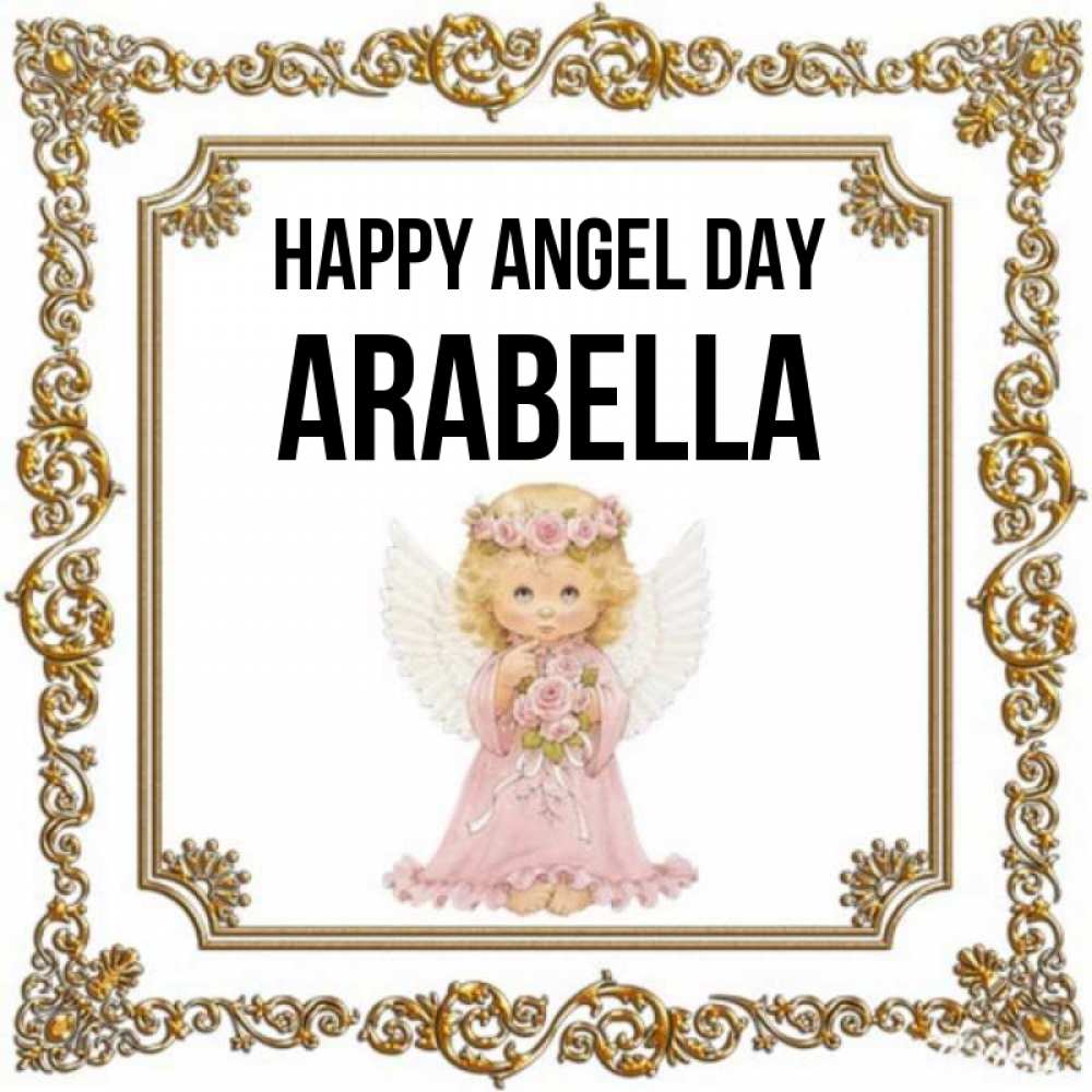 Greetings card с именем, Arabella happy angel day девочка ангел с крыльями и цветами в розовом платье Greetings with text for free download 