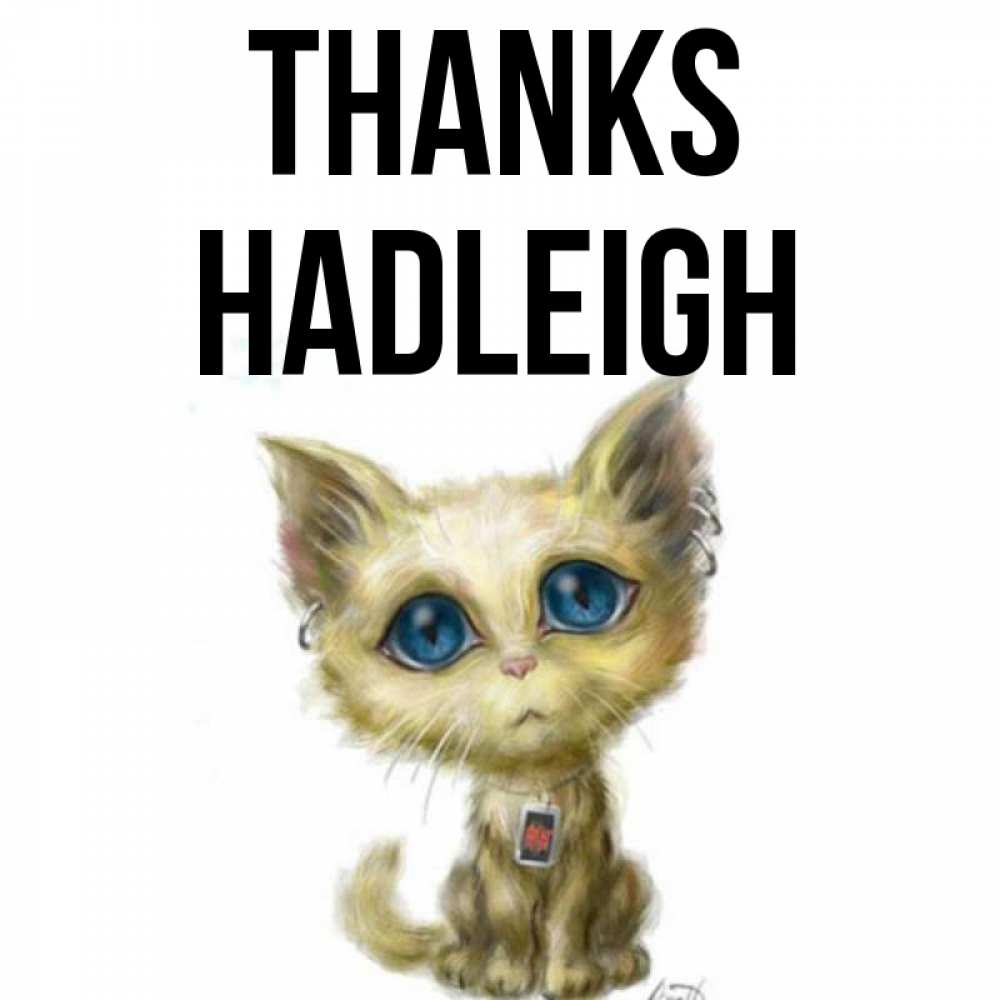 Greetings card с именем, Hadleigh Thanks рисованный кот благодарит вас Greetings with text for free download 