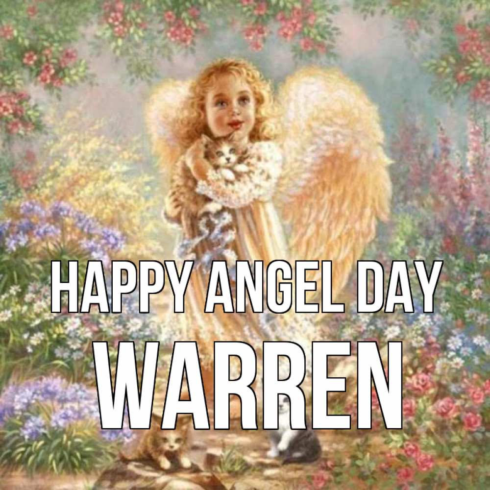 Greetings card с именем, Warren happy angel day держит котенка Greetings with text for free download 