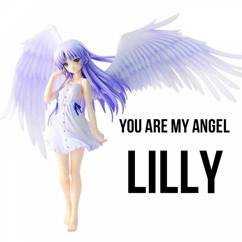 Greetings card с именем, Lilly You are my angel девушка ангел с фиолетовыми крыльями Greetings with text for free download 