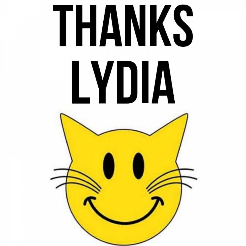 Greetings card с именем, Lydia Thanks улыбающийся смайл кот Greetings with text for free download 