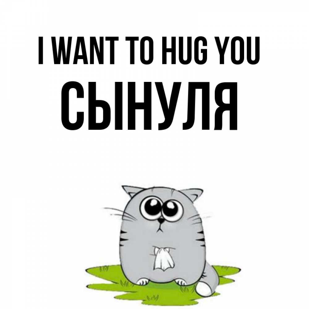Greetings card с именем, Сынуля I want to hug you котик теребит платочек сидя на травке Greetings with text for free download 