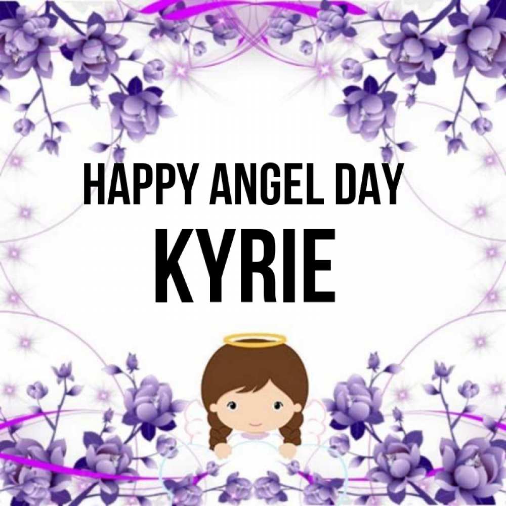 Greetings card с именем, Kyrie happy angel day с именинами в рамочке Greetings with text for free download 