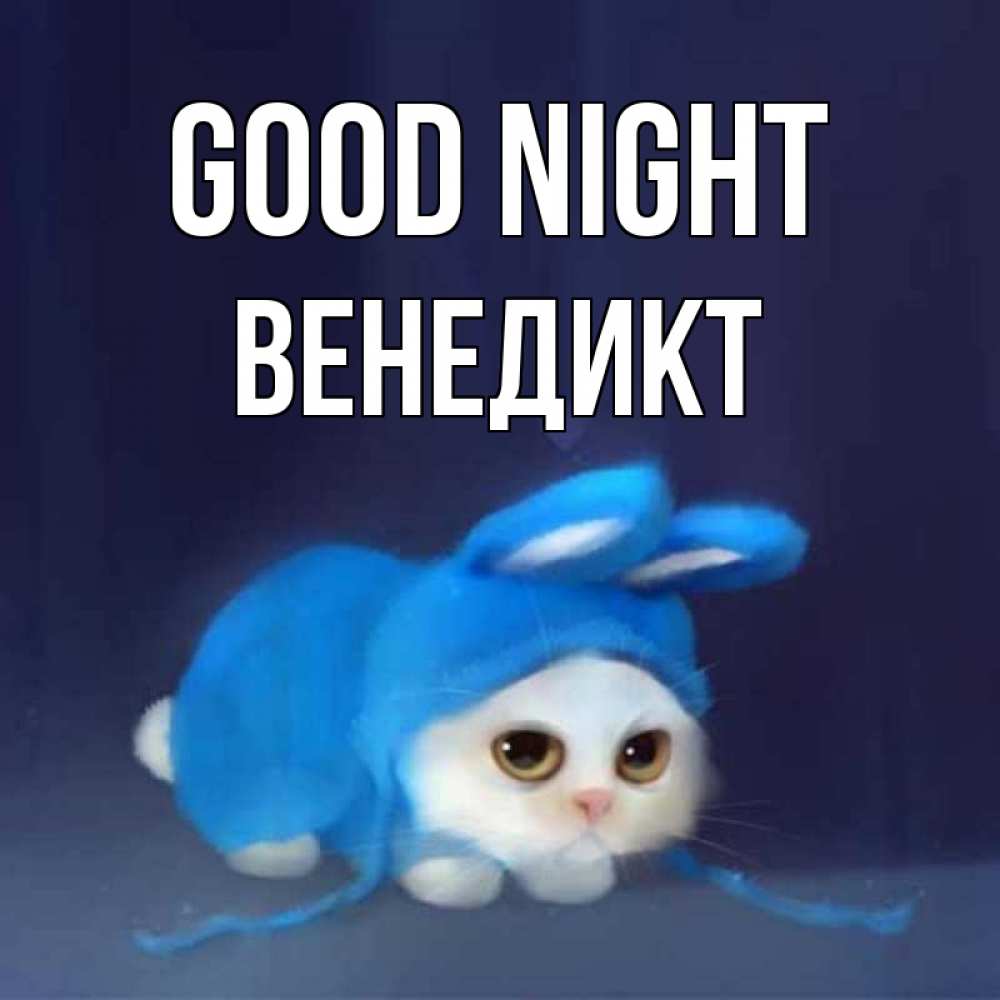Greetings card с именем, Венедикт Good night кот в голубом костюме кролика с ушками Greetings with text for free download 