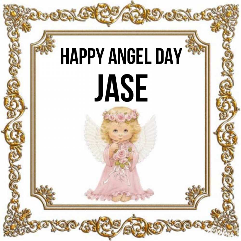 Greetings card с именем, Jase happy angel day девочка ангел с крыльями и цветами в розовом платье Greetings with text for free download 