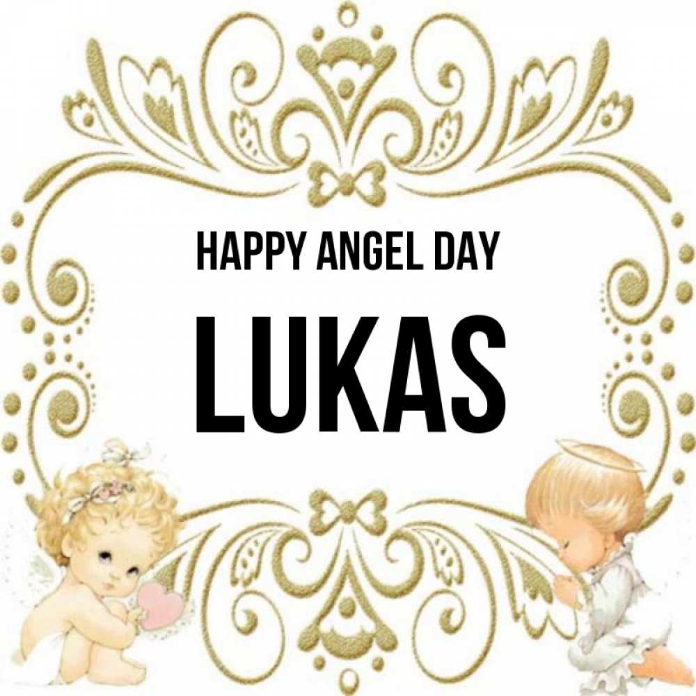 Greetings card с именем, Lukas happy angel day с именинами поздравляют два красивых ангела. Один с сердечком другой молится Greetings with text for free download 