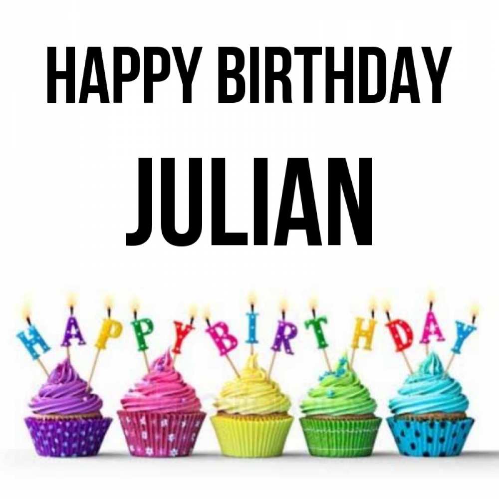 Greetings card с именем, Julian Happy Birthday открытка ко дню рождения с разноцветными вкусняшками Greetings with text for free download 