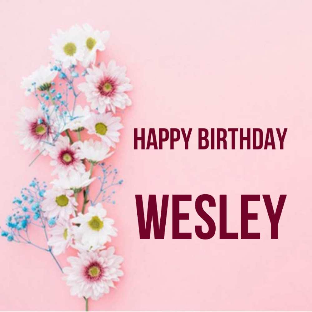 Greetings card с именем, Wesley Happy Birthday Родная моя с днем рождения тебя картинка с цветами белыми и голубыми Greetings with text for free download 