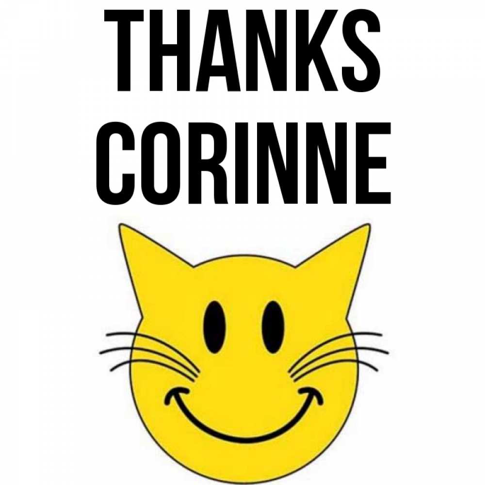 Greetings card с именем, Corinne Thanks улыбающийся смайл кот Greetings with text for free download 