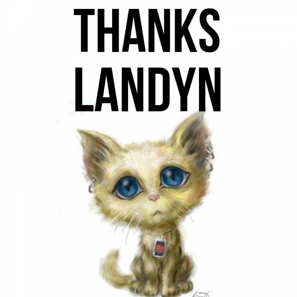 Greetings card с именем, Landyn Thanks рисованный кот благодарит вас Greetings with text for free download 