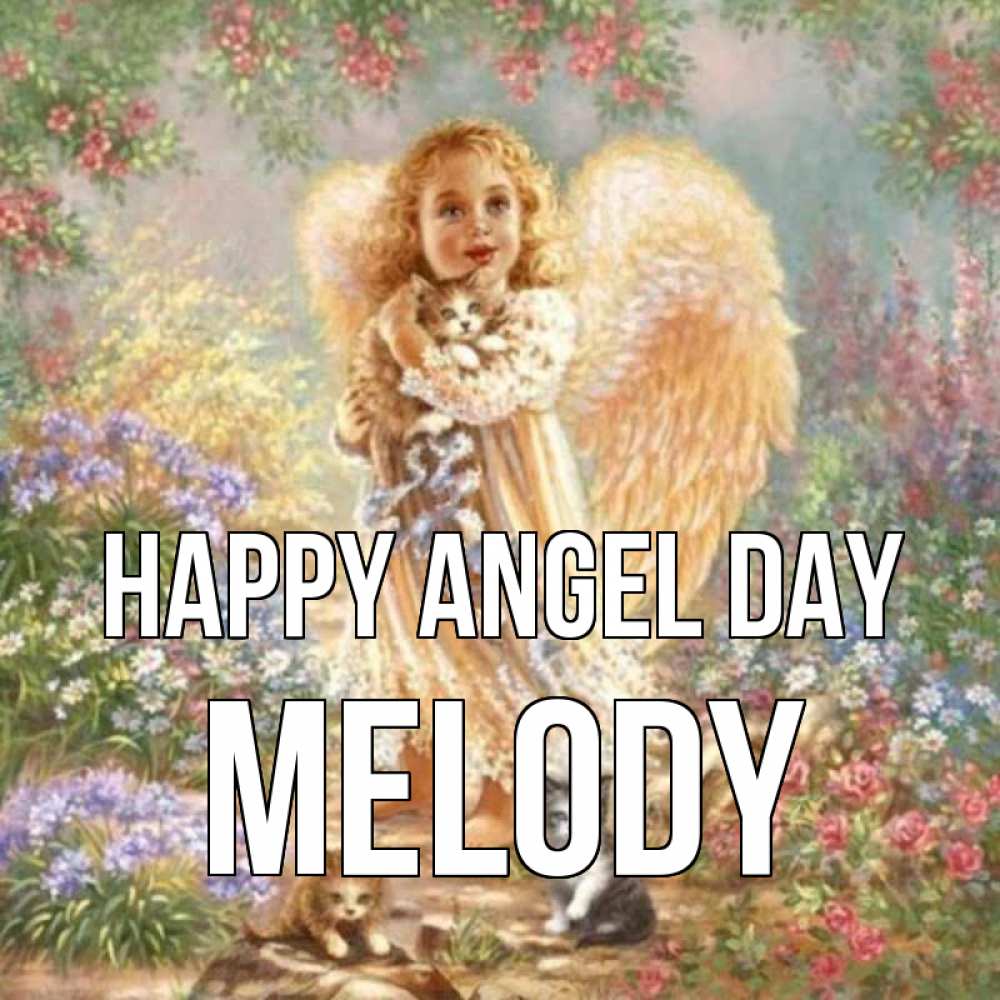 Greetings card с именем, Melody happy angel day держит котенка Greetings with text for free download 