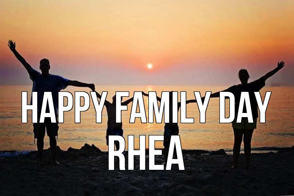 Greetings card с именем, Rhea happy family day мама, папа, дети, дочка,сын, море, пляж, закат Greetings with text for free download 