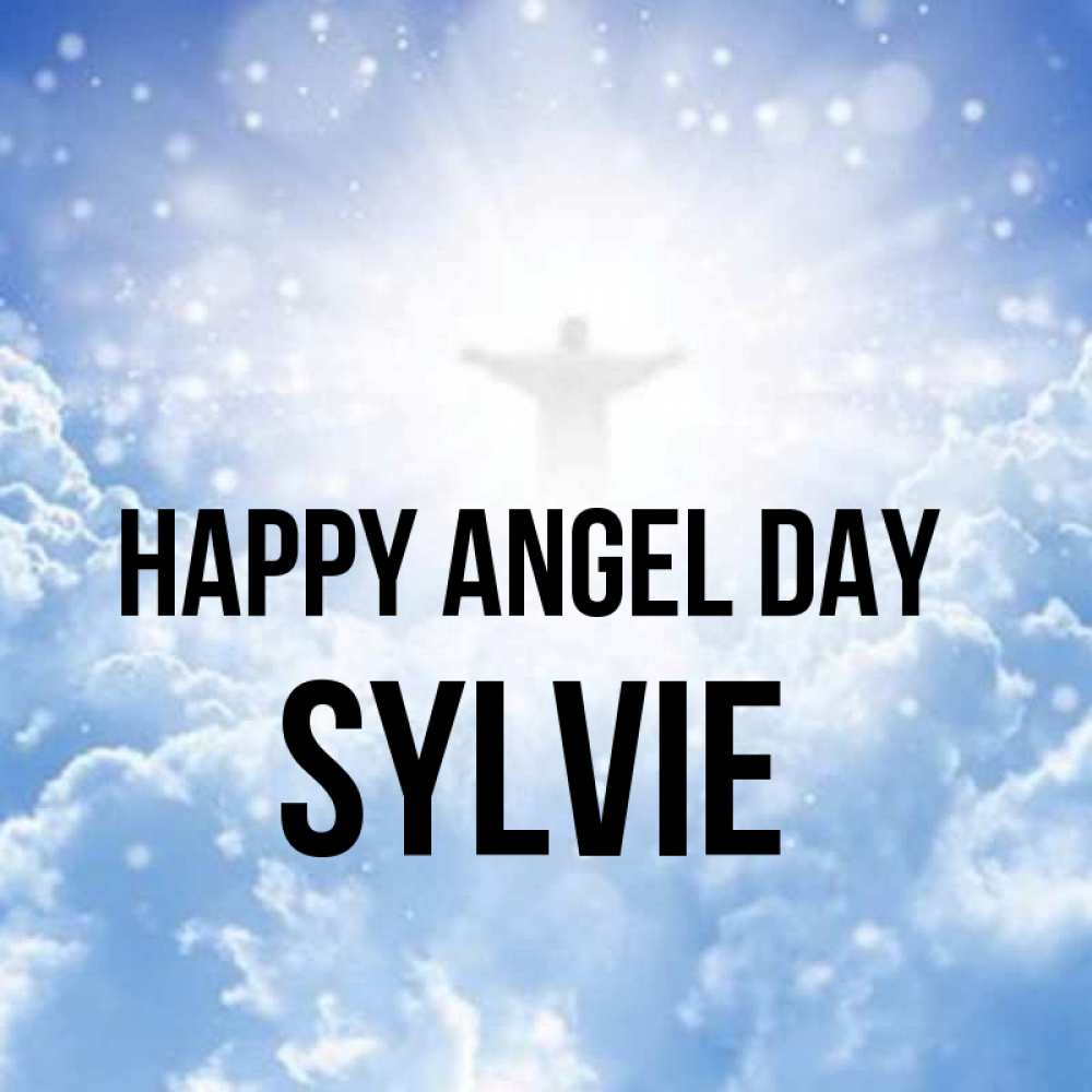 Greetings card с именем, Sylvie happy angel day ангел на облаках в свете солнца Greetings with text for free download 
