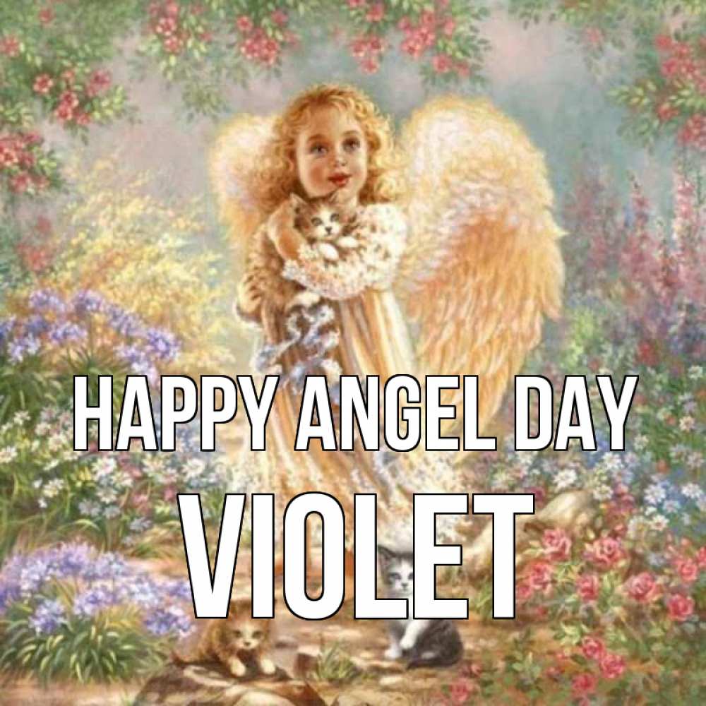 Greetings card с именем, Violet happy angel day держит котенка Greetings with text for free download 