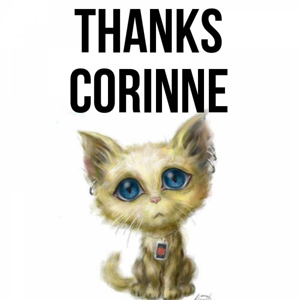 Greetings card с именем, Corinne Thanks рисованный кот благодарит вас Greetings with text for free download 
