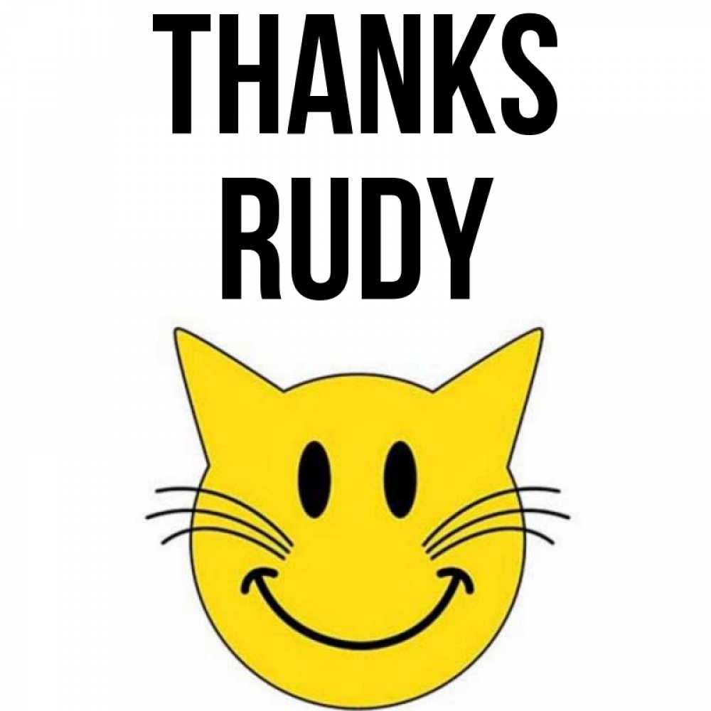 Greetings card с именем, Rudy Thanks улыбающийся смайл кот Greetings with text for free download 