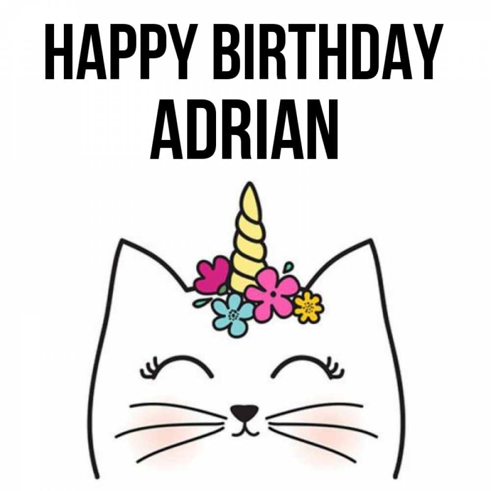 Greetings card с именем, Adrian Happy Birthday милый кот с одним рожком Greetings with text for free download 