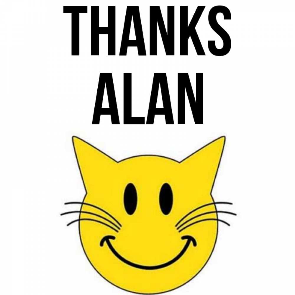 Greetings card с именем, Alan Thanks улыбающийся смайл кот Greetings with text for free download 