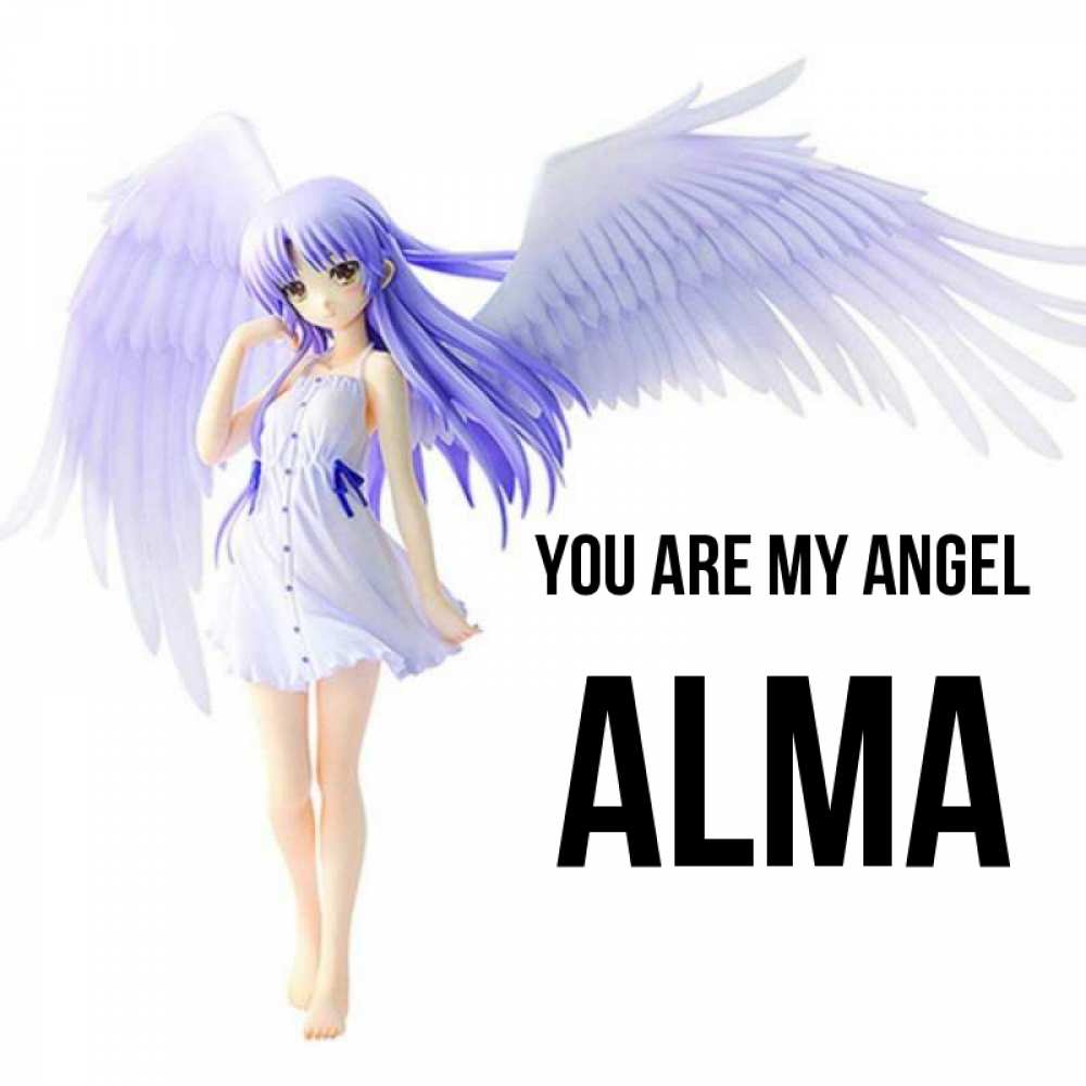 Greetings card с именем, Alma You are my angel девушка ангел с фиолетовыми крыльями Greetings with text for free download 