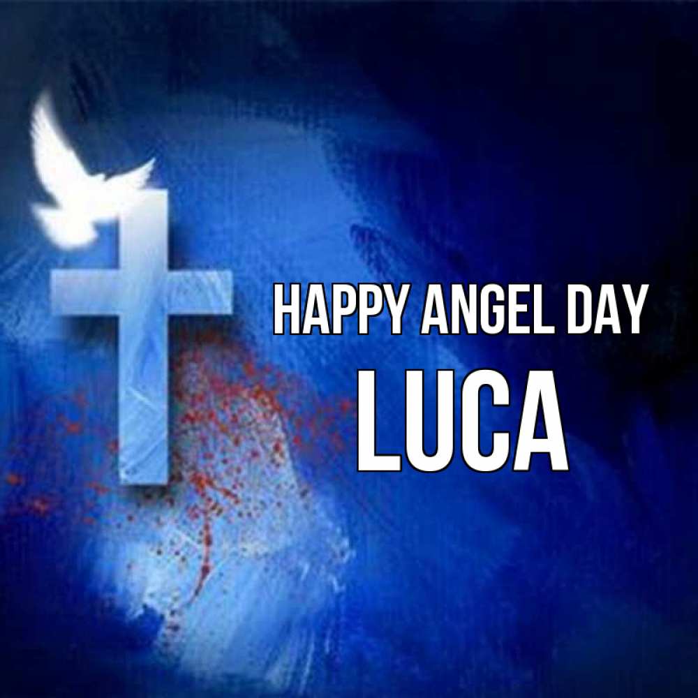 Greetings card с именем, Luca happy angel day Синий фон и птица Greetings with text for free download 