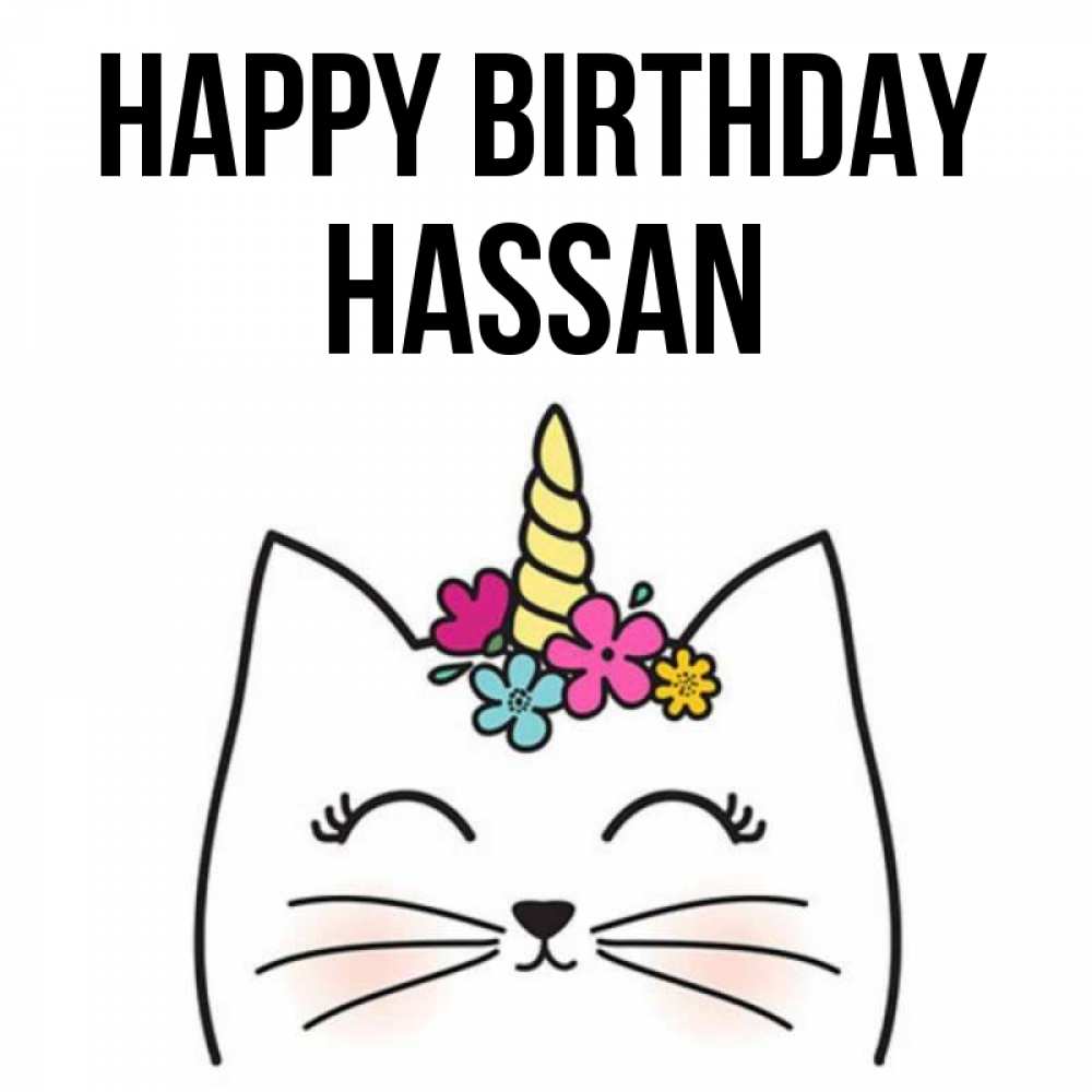 Greetings card с именем, Hassan Happy Birthday милый кот с одним рожком Greetings with text for free download 