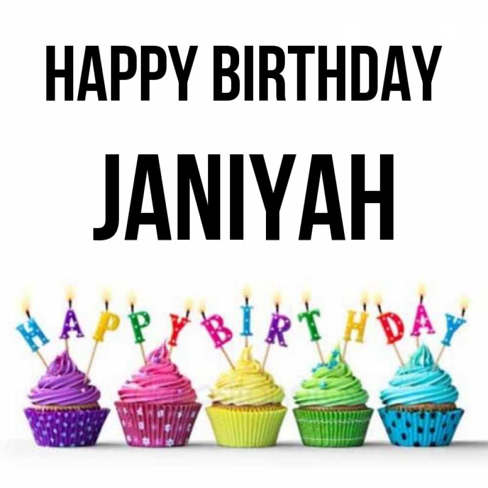 Greetings card с именем, Janiyah Happy Birthday открытка ко дню рождения с разноцветными вкусняшками Greetings with text for free download 