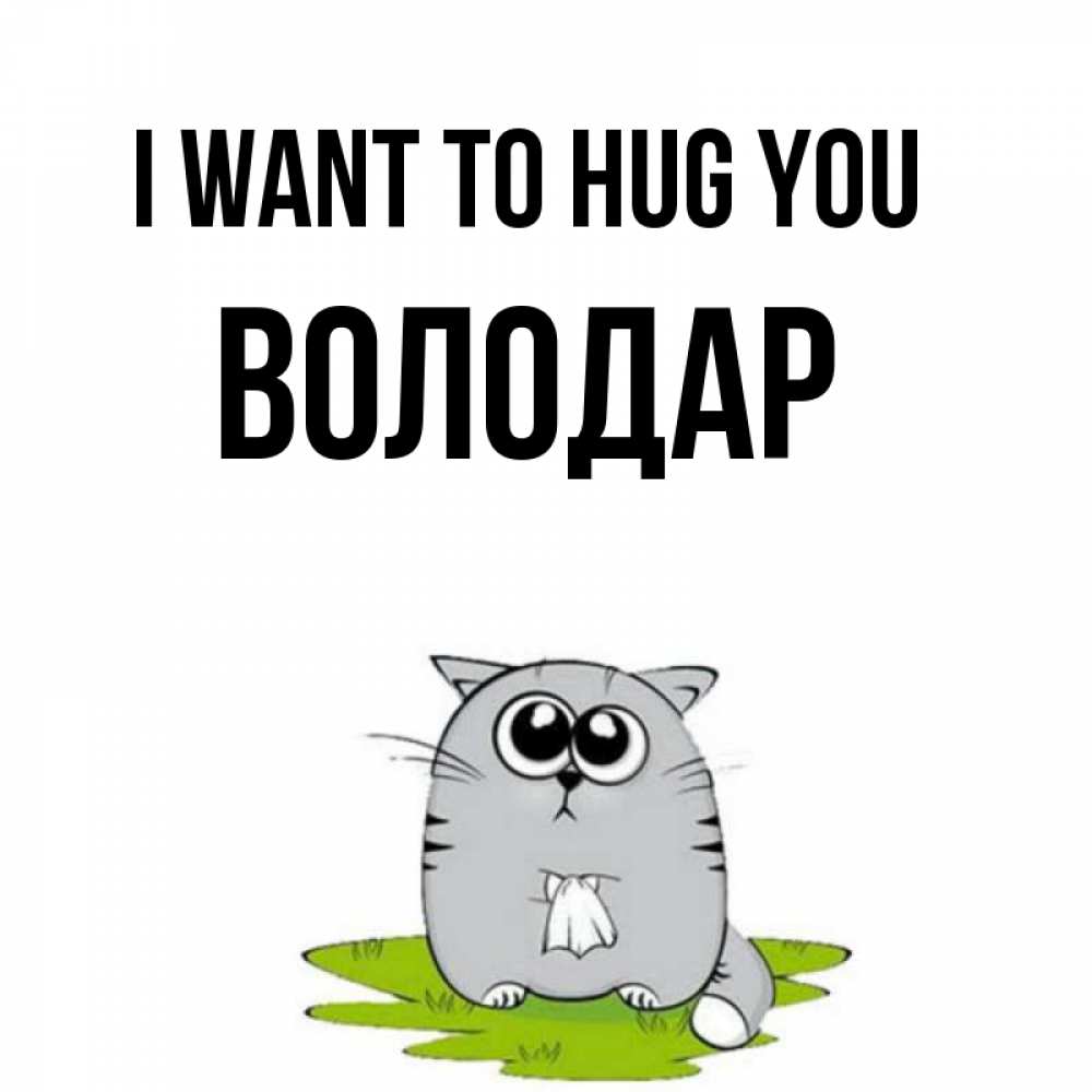 Greetings card с именем, Володар I want to hug you котик теребит платочек сидя на травке Greetings with text for free download 
