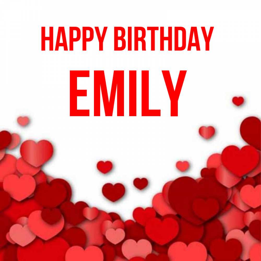 Greetings card с именем, Emily Happy Birthday много красных сердечек о любви Greetings with text for free download 