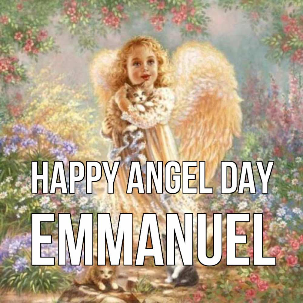 Greetings card с именем, Emmanuel happy angel day держит котенка Greetings with text for free download 