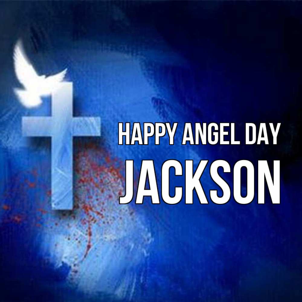 Greetings card с именем, Jackson happy angel day Синий фон и птица Greetings with text for free download 