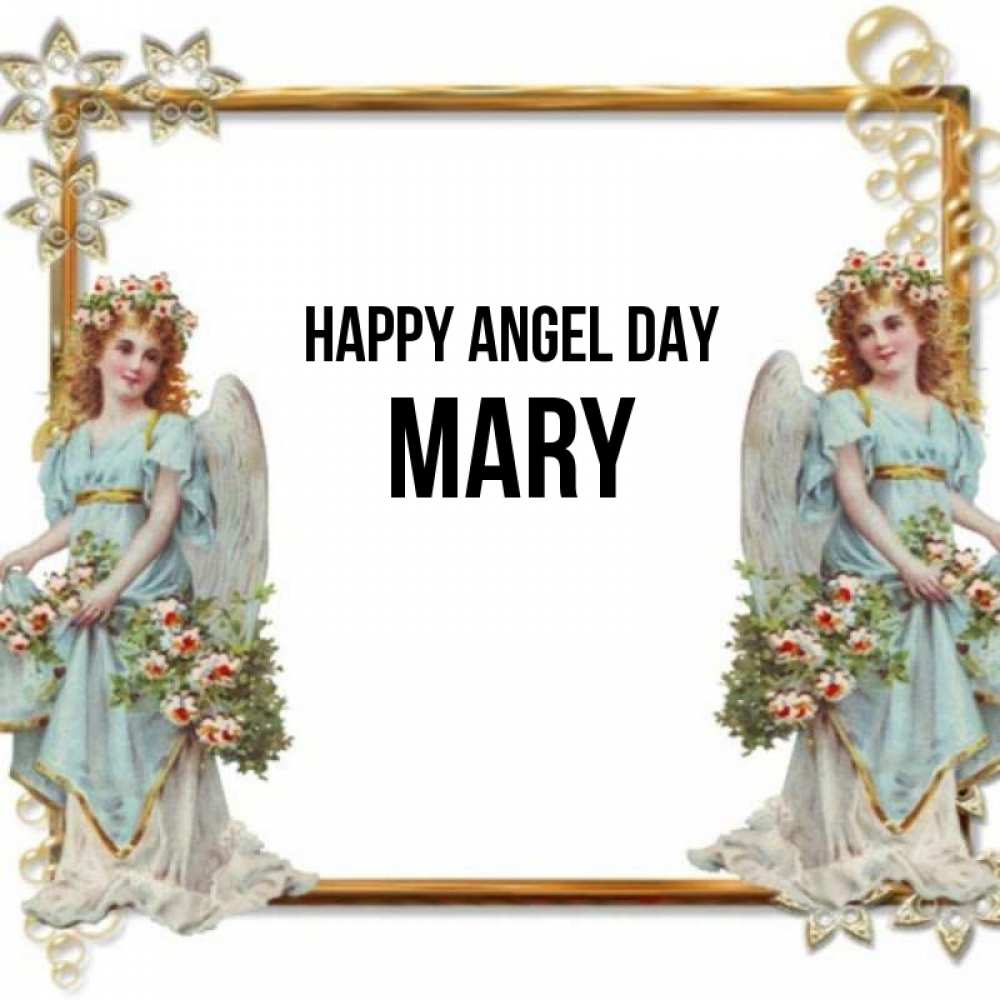 Greetings card с именем, Mary happy angel day рамочка из золота и ангелы Greetings with text for free download 