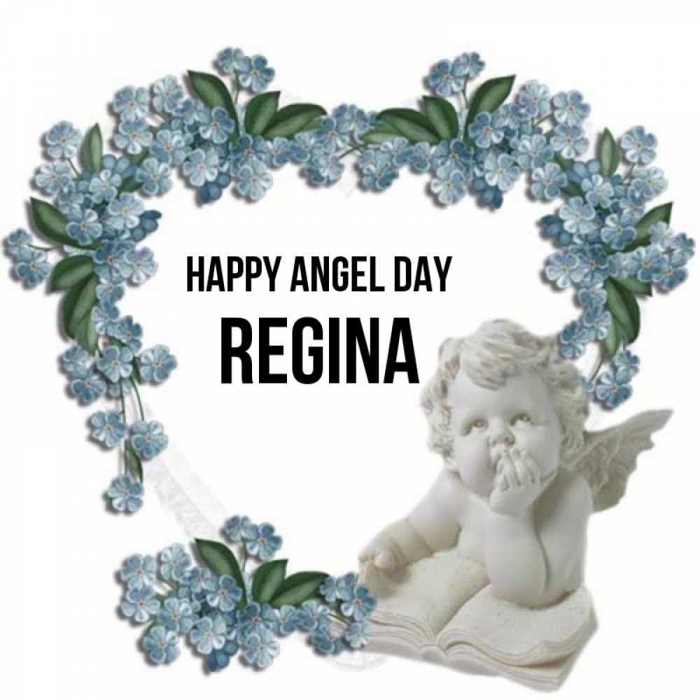 Greetings card с именем, Regina happy angel day голубые цветы и мраморный ангел Greetings with text for free download 