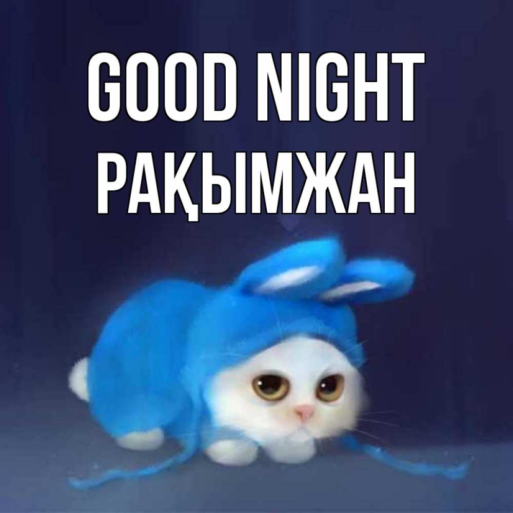 Greetings card с именем, Рақымжан Good night кот в голубом костюме кролика с ушками Greetings with text for free download 