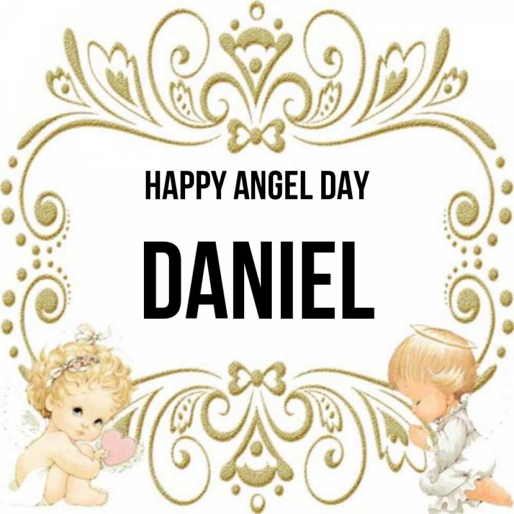 Greetings card с именем, Daniel happy angel day с именинами поздравляют два красивых ангела. Один с сердечком другой молится Greetings with text for free download 