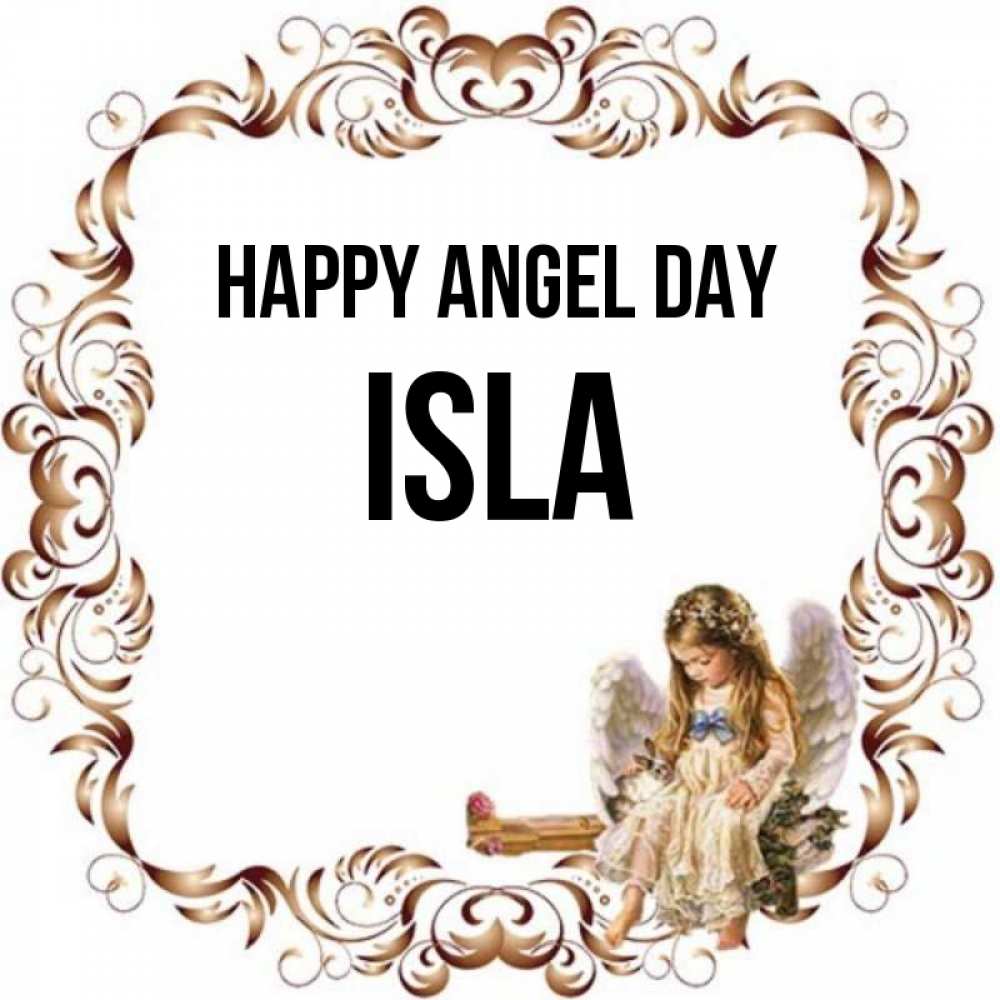 Greetings card с именем, Isla happy angel day рамочка из перьев и ангелочек Greetings with text for free download 