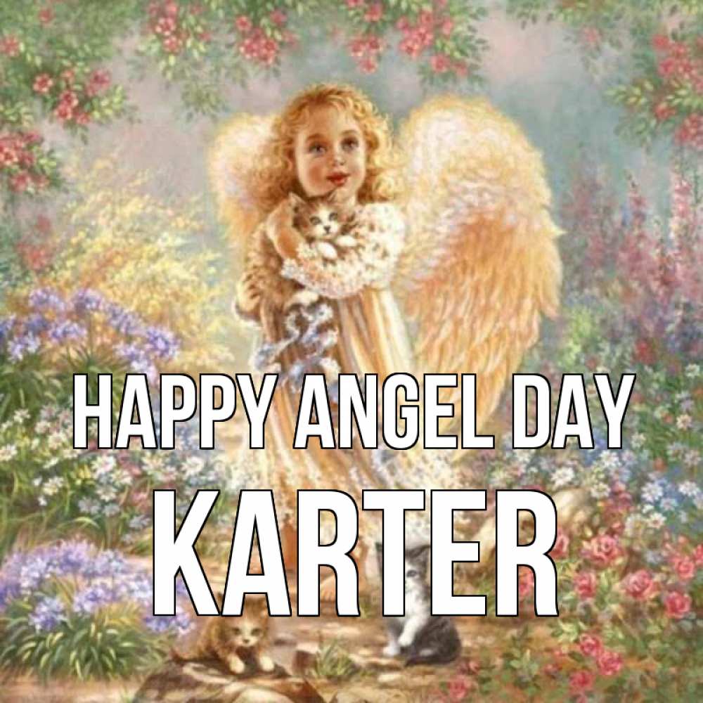 Greetings card с именем, Karter happy angel day держит котенка Greetings with text for free download 