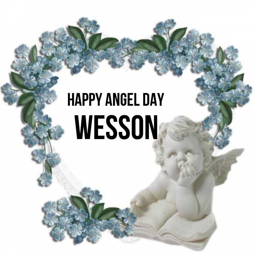 Greetings card с именем, Wesson happy angel day голубые цветы и мраморный ангел Greetings with text for free download 