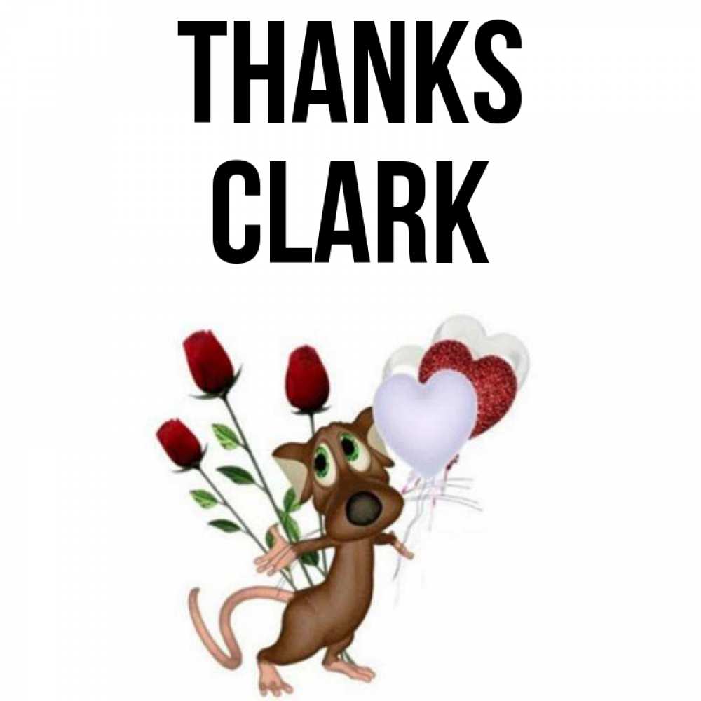 Greetings card с именем, Clark Thanks песик с шариками в форме сердец Greetings with text for free download 