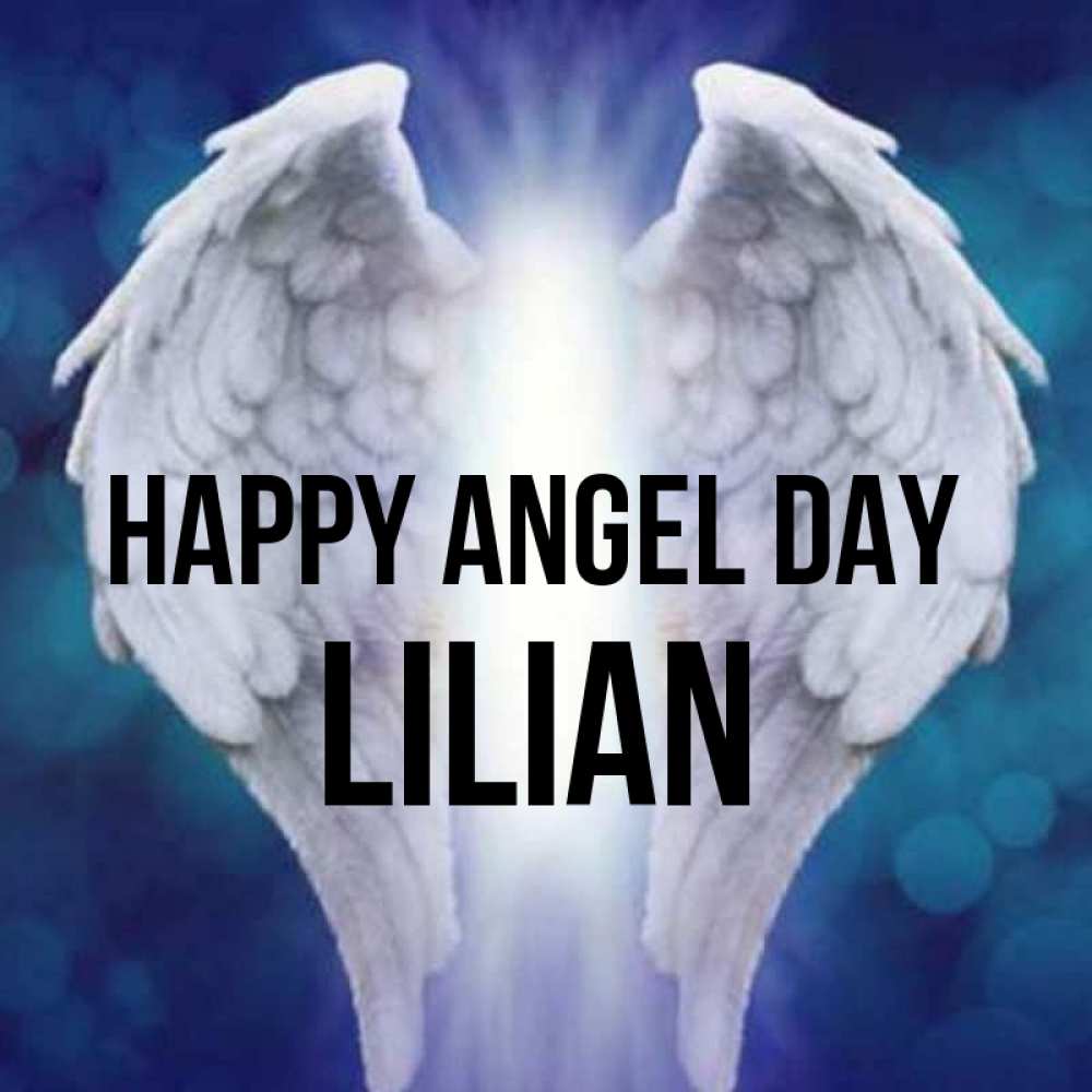 Greetings card с именем, Lilian happy angel day синий фон и крылышки Greetings with text for free download 