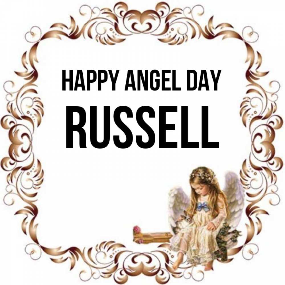 Greetings card с именем, Russell happy angel day рамочка из перьев и ангелочек Greetings with text for free download 