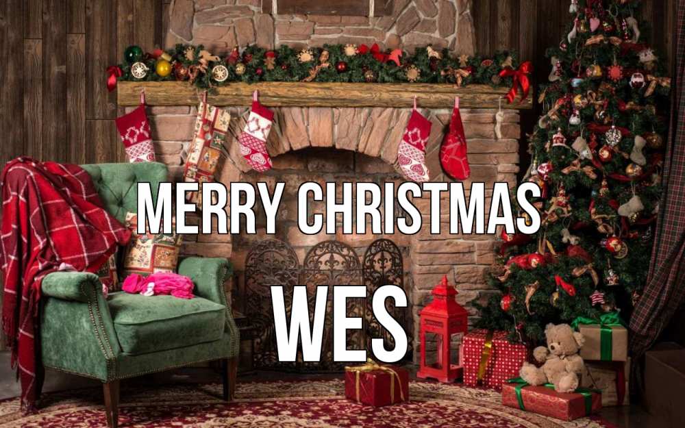 Greetings card с именем, Wes Merry Christmas рождество, камин, ель Greetings with text for free download 