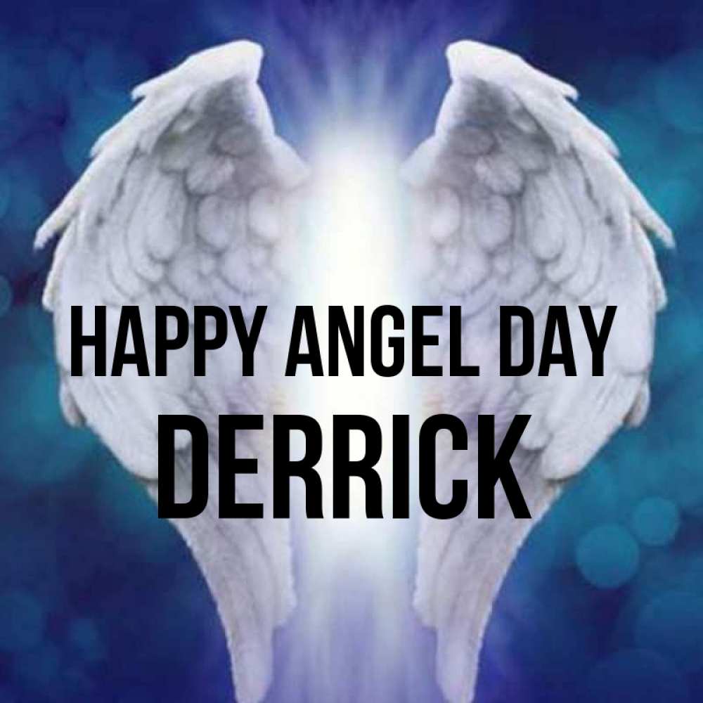 Greetings card с именем, Derrick happy angel day синий фон и крылышки Greetings with text for free download 