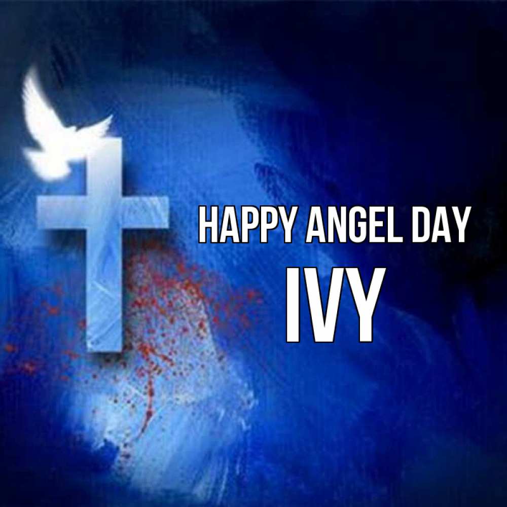 Greetings card с именем, Ivy happy angel day Синий фон и птица Greetings with text for free download 