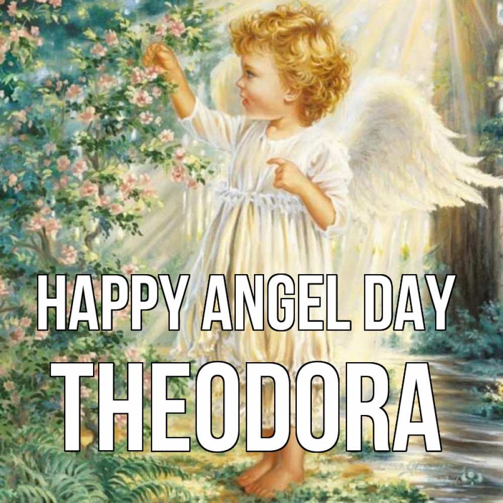 Greetings card с именем, Theodora happy angel day собирает цветы Greetings with text for free download 